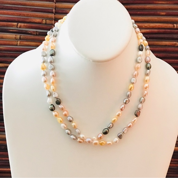 Honora Cream & Grey Long Pearl Necklace .925 Sterling Silver clasp 36” - Picture 3 of 12
